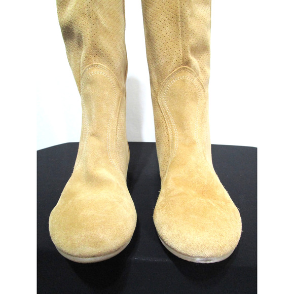 Sundance Tan Brown Perforated Suede Knee High Pull On Boots Women 8 US/39 EU - Picture 3 of 12